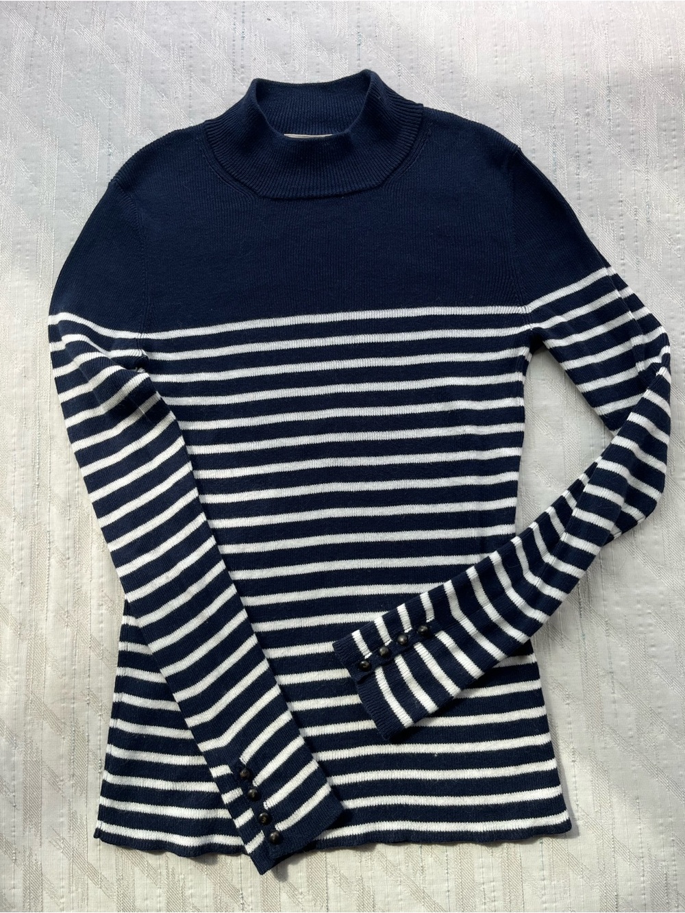 Sezane Navy and White Striped Turtleneck Sweater